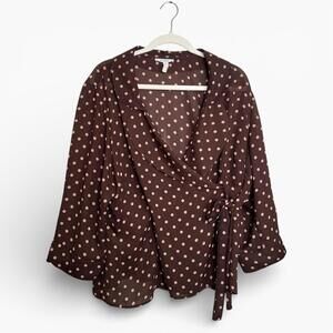 Vintage Brown Polka Dot Faux Wrap Blouse